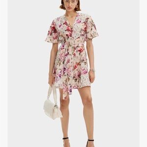 Desigual Women’s Floral V-Neck Tie-Waist Mini Dress in Cream and Pink Medium
